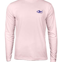 Front view of long sleeve Kids Performance Fishing Shirt in light pink featurinBeAFish logo, ideal for sun-safe outdoor play.