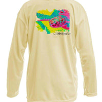 Sea Turtle Toddler Kids Performance Fishing Shirt UPF 50+ in light yellow with vibrant sea turtle graphic on back. Long sleeve, moisture-wicking design.