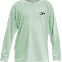 Front view of Santiago Snapper Kids Performance Fishing Shirt UPF 50+ in mint green featuring BeAFish logo, long sleeve activewear top for sun protection.