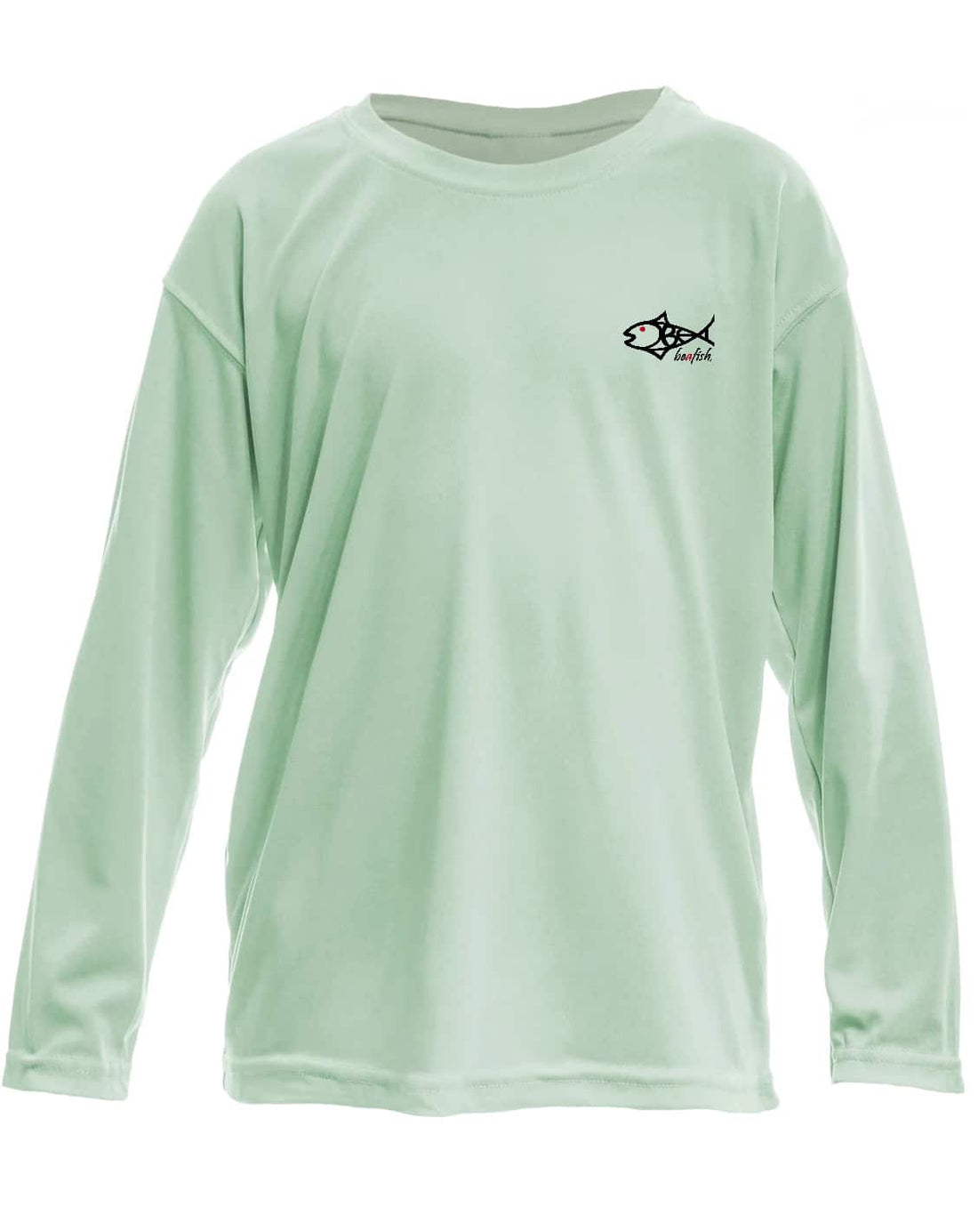 Front view of Santiago Snapper Kids Performance Fishing Shirt UPF 50+ in mint green featuring BeAFish logo, long sleeve activewear top for sun protection.
