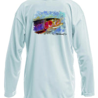 Back view of Rocky Rainbow Trout Kids Performance Fishing Shirt featuring vibrant trout artwork and UPF 50+ sun protection for outdoor adventures.