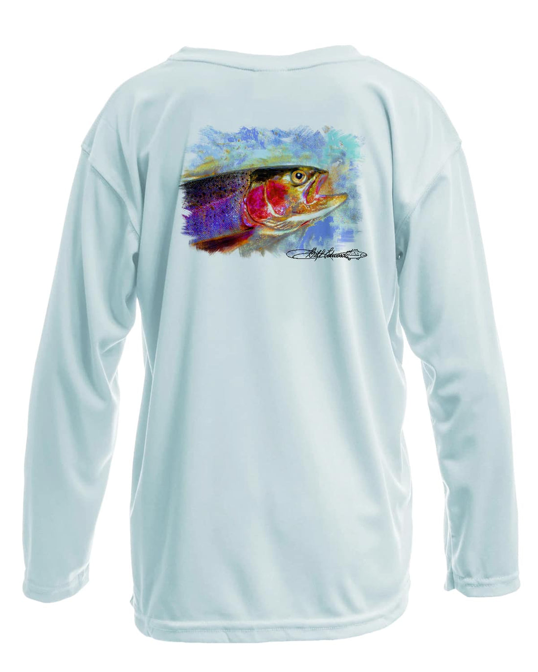 Back view of Rocky Rainbow Trout Kids Performance Fishing Shirt featuring vibrant trout artwork and UPF 50+ sun protection for outdoor adventures.
