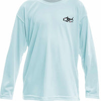 Front view of Rocky Rainbow Trout Kids Performance Fishing Shirt in light blue with BeAFish logo, offering moisture-wicking and cooling performance.