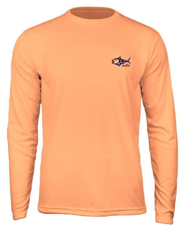 Front view of Iguana Kids UPF 50+ Fishing Performance Shirt in citrus orange, featuring long sleeves and BeAFish logo on chest for activewear use.