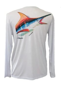 Back of the Marlin on white performance shirt